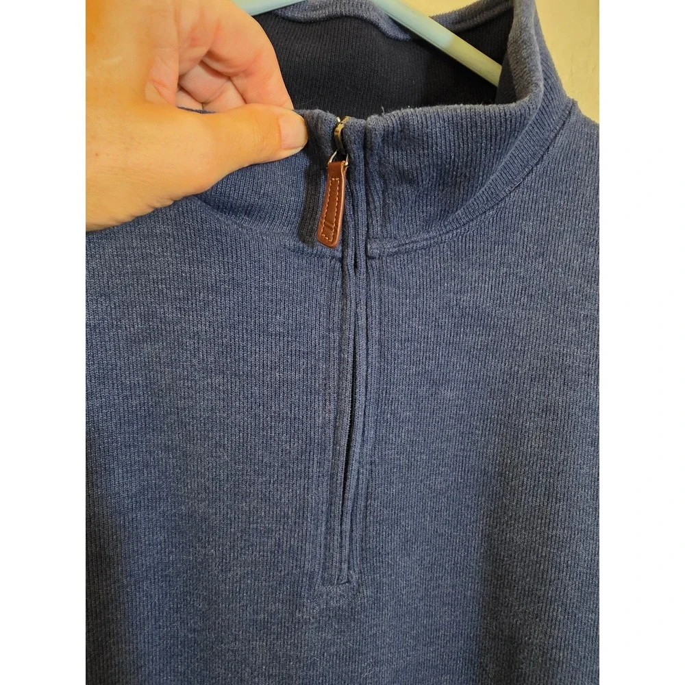 Lands End Mens 2XL Tall Navy Heather Quarter Zip Pullover Sweater Cowhide Trim